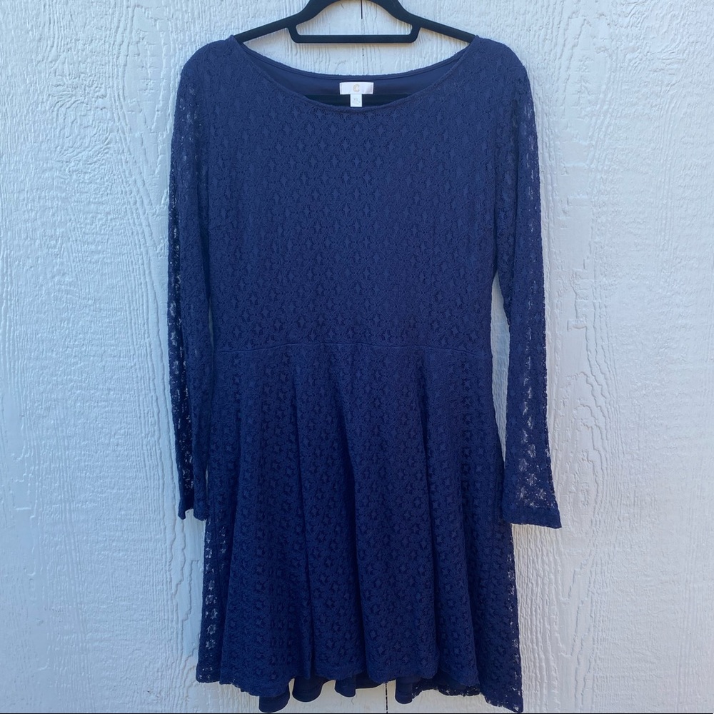 Navy Lace Charming Charlie Dress with Long Sleeves